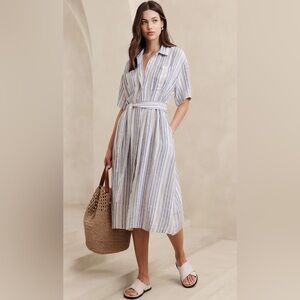 Banana Republic Factory Blue and White Striped Midi Dress L Linen Blend